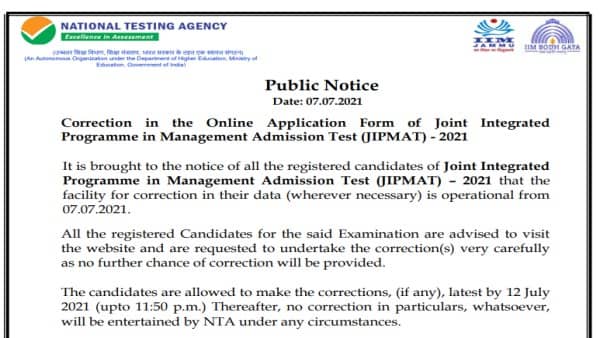 JIPMAT 2021 application form correction window