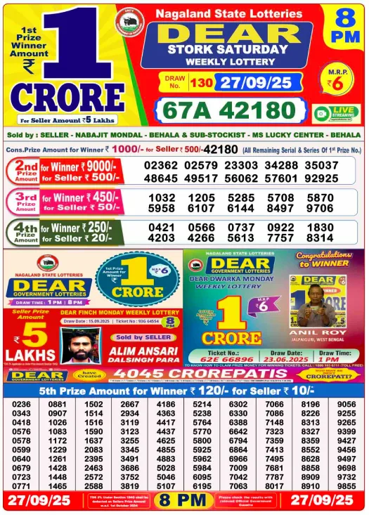 Lottery Sambad Result 8 PM September 27 2025